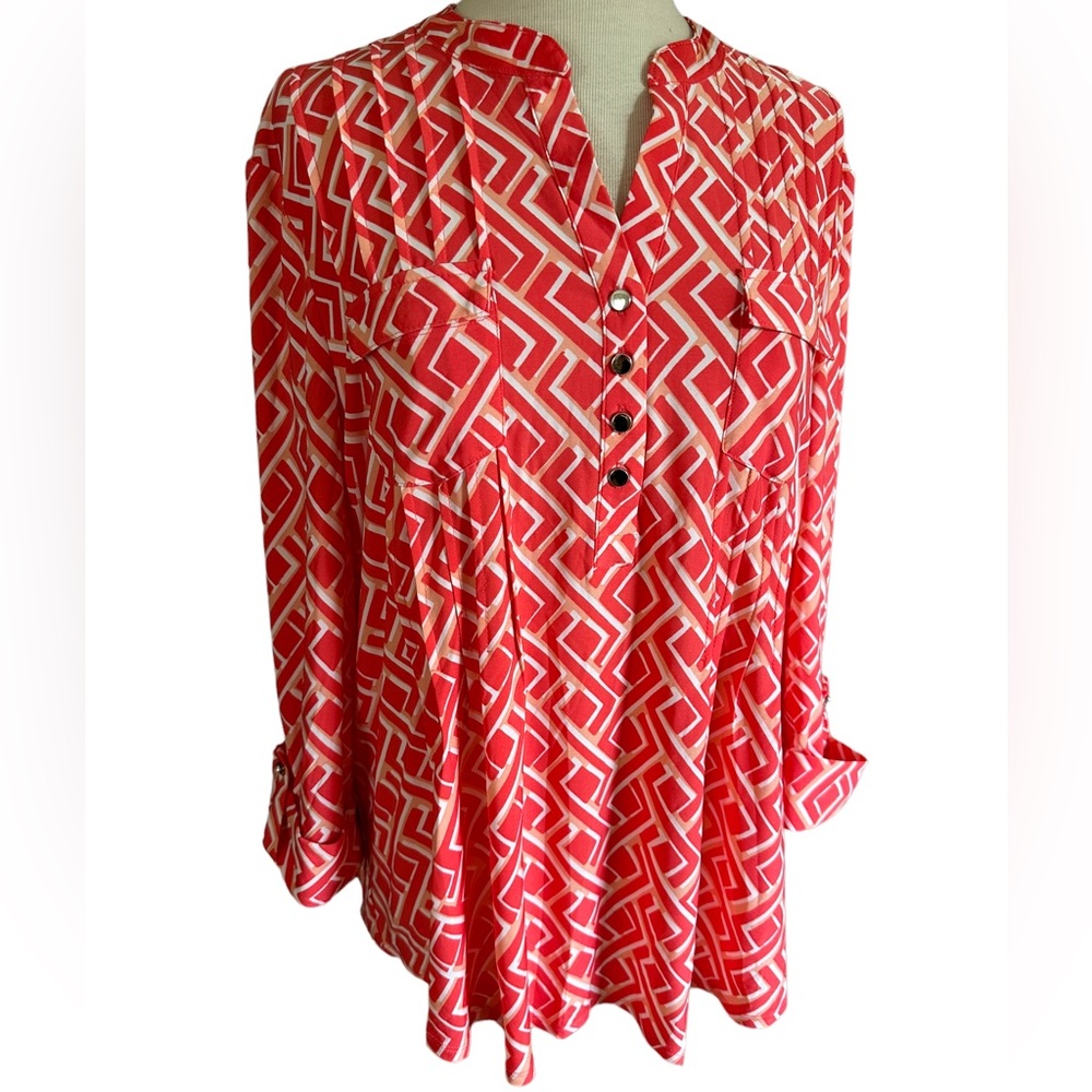COCOMO XL Coral orange white 3/4 sleeve women’s Pintuck Blouse top shirt - Picture 7 of 15